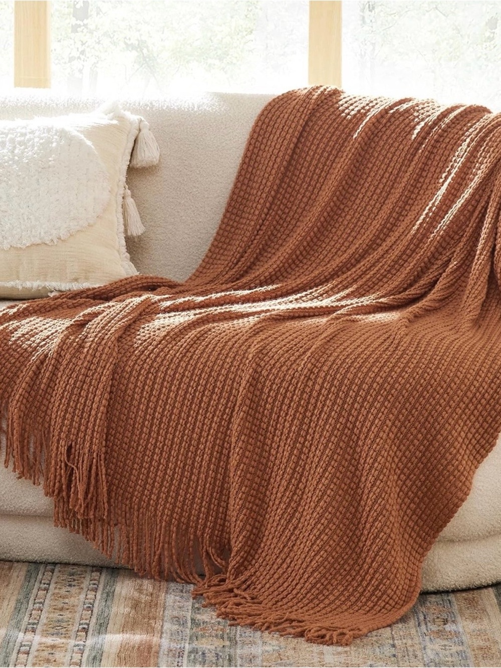 Woven Fringe Throw Blanket - Rust